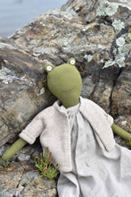 Load image into Gallery viewer, Fern the Frog- Heirloom Wool Doll in Island Cardigan with Flax Linen