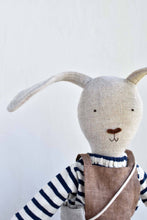 Load image into Gallery viewer, Ruthie the Rabbit – Heirloom Wool Doll in Harbor Stripe with Linen Overalls