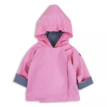 Load image into Gallery viewer, Pink hooded rain jacket with striped cuffs on a white background