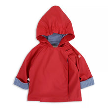 Load image into Gallery viewer, Red hooded rain jacket with striped cuffs on a white background