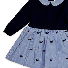 Load image into Gallery viewer, Whale Embroidered Pinstripe Baby Sweater Knit Dress (Organic)