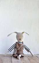 Load image into Gallery viewer, Ruthie the Rabbit – Heirloom Wool Doll in Harbor Stripe with Linen Overalls
