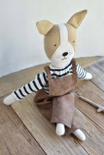 Load image into Gallery viewer, Fig the Frenchie –Heirloom Wool Doll in Maine Stripe & Brown Linen Overalls