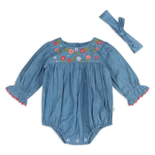 Load image into Gallery viewer, Ida Floral Embroidery Denim Baby Romper & Headband (Organic)