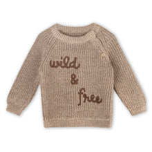 Load image into Gallery viewer, Beige knitted sweater with 'wild and free' text on front