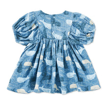 Load image into Gallery viewer, Blue dress with whale pattern on a white background