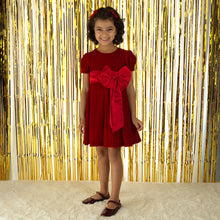 Load image into Gallery viewer, Crushed Velvet Bow Dress - Red