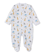 Load image into Gallery viewer, Baby onesie with safari animal pattern on a white background