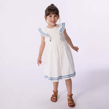 Load image into Gallery viewer, White Ruffle Sleeve Dress with Blue Embroidery