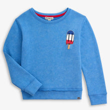 Load image into Gallery viewer, Blue sweatshirt with a popsicle design on a white background