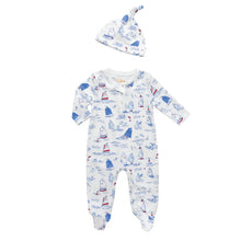 Load image into Gallery viewer, Baby onesie and hat set with sailboat pattern on a white background