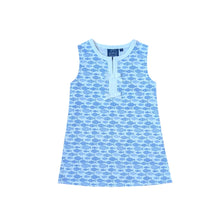 Load image into Gallery viewer, Blue sleeveless dress with fish pattern on a white background