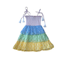 Load image into Gallery viewer, Colorful tiered dress with purple top, blue middle, green second, and yellow bottom on a white background