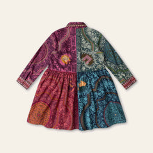 Load image into Gallery viewer, A long-sleeve tunic dress with a split-color bohemian pattern, featuring a magenta and teal design with paisley and floral motifs