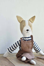 Load image into Gallery viewer, Fig the Frenchie –Heirloom Wool Doll in Maine Stripe & Brown Linen Overalls