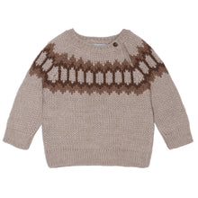 Load image into Gallery viewer, A beige knit sweater with a brown and beige geometric Fair Isle pattern across the chest, featuring long sleeves and a ribbed hem.