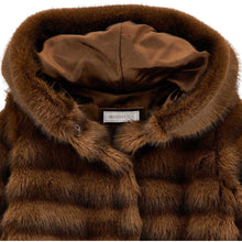 Load image into Gallery viewer, Brown fur coat with a visible brand label on a white background
