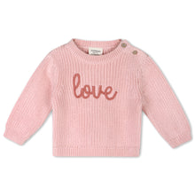 Load image into Gallery viewer, Pink sweater with &#39;love&#39; text on a white background
