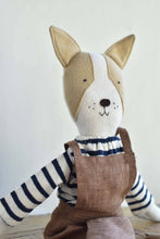 Load image into Gallery viewer, Fig the Frenchie –Heirloom Wool Doll in Maine Stripe &amp; Brown Linen Overalls
