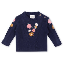 Load image into Gallery viewer, Navy blue sweater with floral patterns on a white background
