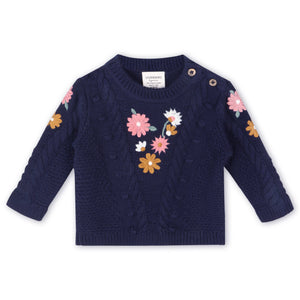Navy blue sweater with floral patterns on a white background