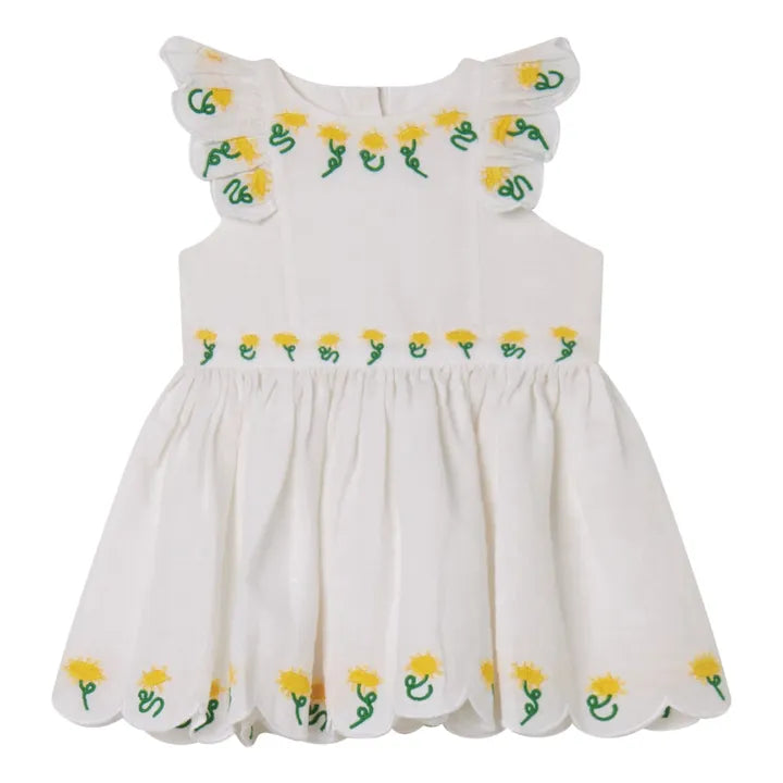 Baby Linen Dress with Sunflower Embroidery