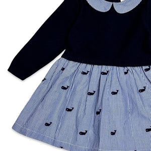 Whale Embroidered Pinstripe Baby Sweater Knit Dress (Organic)