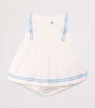Load image into Gallery viewer, White Dress with Blue Embroidered Ruffle and Bloomers
