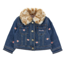 Load image into Gallery viewer, Denim jacket with rose emroidered flowers and leapord fur collar 
