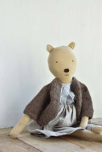 Load image into Gallery viewer, Agatha the Bear  — Heirloom Wool Doll in Island Cardigan &amp; Flax Linen Dress
