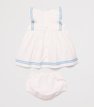 Load image into Gallery viewer, White Dress with Blue Embroidered Ruffle and Bloomers
