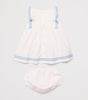 White Dress with Blue Embroidered Ruffle and Bloomers