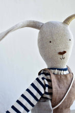 Load image into Gallery viewer, Ruthie the Rabbit – Heirloom Wool Doll in Harbor Stripe with Linen Overalls
