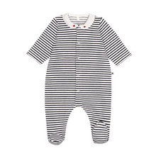 Load image into Gallery viewer, Navy and White Stripe Footie with Collar
