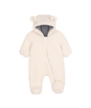 Load image into Gallery viewer, White baby snowsuit with bear ears 

