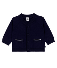 Load image into Gallery viewer, Navy blue baby cardigan with button details on a white background
