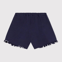 Load image into Gallery viewer, Navy blue shorts with white trim on a light gray background
