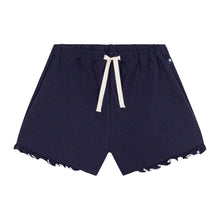Load image into Gallery viewer, Navy blue shorts with a white drawstring on a white background
