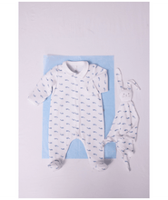 Load image into Gallery viewer, Baby Boy Velour Front Snap Whale Footie with Collar
