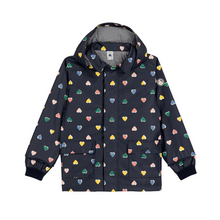 Load image into Gallery viewer, Navy blue rain jacket with colorful heart pattern
