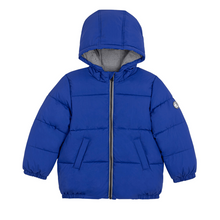 Load image into Gallery viewer, Blue puffer jacket with a hood 
