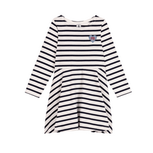 Load image into Gallery viewer, navy and white stripe dress with heart logo
