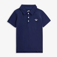 Load image into Gallery viewer, Navy blue polo shirt with a small white logo on a light gray background
