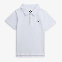 Load image into Gallery viewer, White polo shirt with small logos on a light gray background
