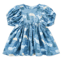Load image into Gallery viewer, Blue dress with whale pattern on a white background
