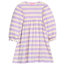 Load image into Gallery viewer, Purple and white striped knit dress that has elastic cuffs at sleeves for a relaxed fit.
