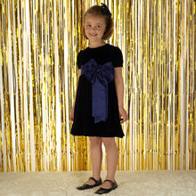 Load image into Gallery viewer, Crushed Velvet Bow Dress - Navy
