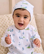 Load image into Gallery viewer, Baby wearing a white onesie with colorful golf patterns sitting on a beige couch.

