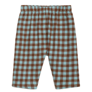 Plaid pants with brown and light blue pattern on a white background