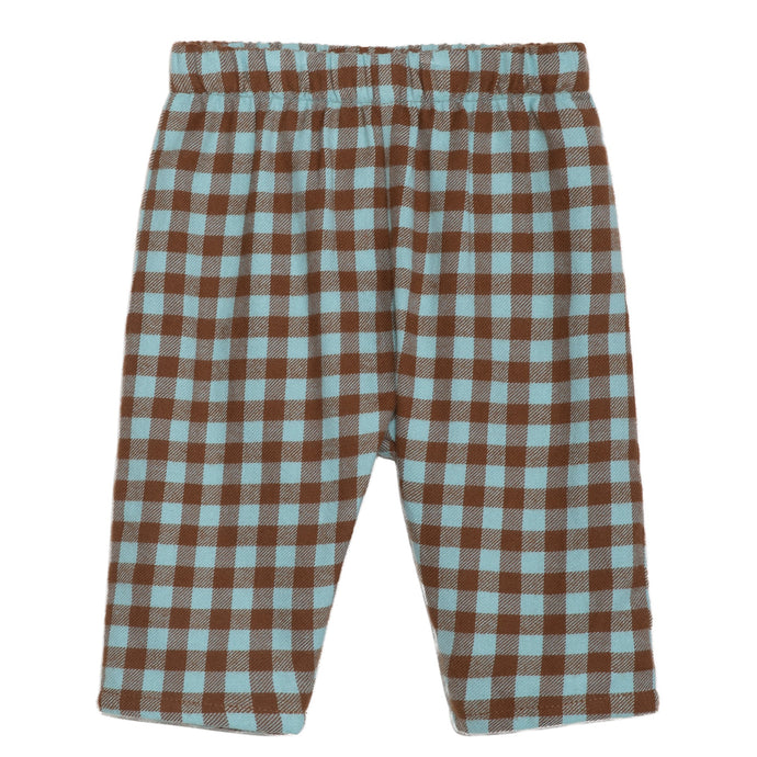 Plaid pants with brown and light blue pattern on a white background
